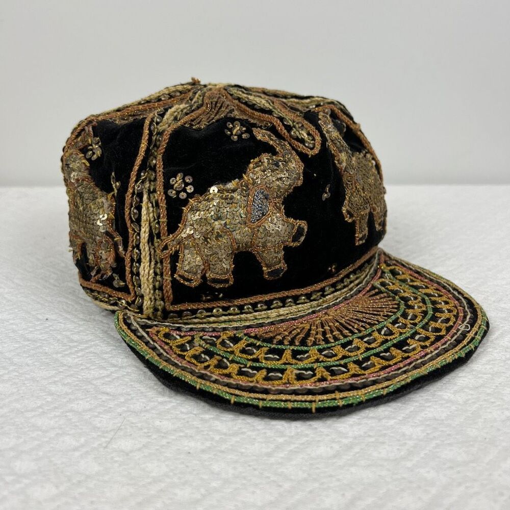 Vintage Adult Embroidered Sequin Thailand Elephants Hat Cap Boho Statement Hand